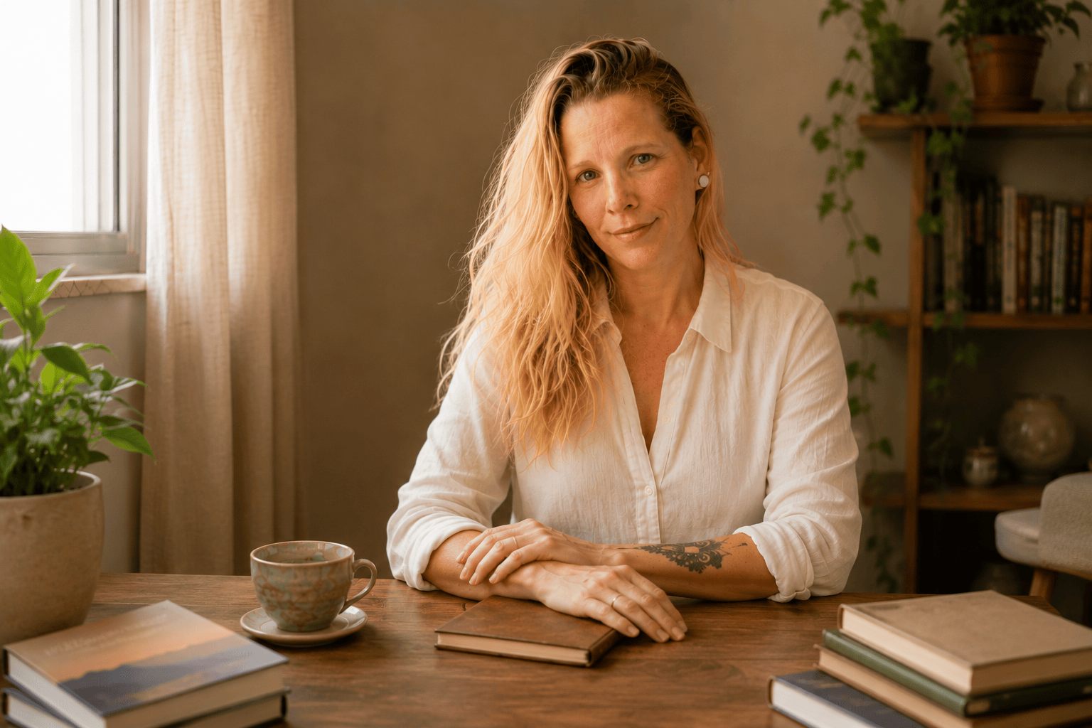 Terapeuta sentada à mesa com livros e caderno